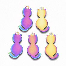 Honeyhandy Ion Plating(IP) 201 Stainless Steel Pendants, Stamping Blank Tag, Etched Metal Embellishments, Cat Shape, Rainbow Color, 27x14x0.3mm, Hole: 1.8mm