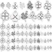 PandaHall Elite 13 Style Clover Charms, 130pcs Four Leaf Pendants Lucky Alloy Pendants St Patricks Irish Pendant Punk Style Charms for Jewelry Making, Antique Silver