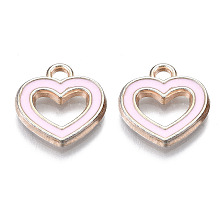 Honeyhandy Alloy Enamel Charms, Heart, Pink, Light Gold, 15x14x2mm, Hole: 2mm