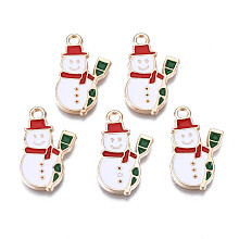 Honeyhandy Alloy Enamel Pendants, Cadmium Free & Lead Free, Snowman, Christmas, Light Gold, Creamy White, 22x13x2mm, Hole: 1.5mm