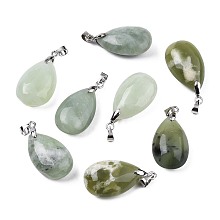 Honeyhandy Natural New Jade Pendants, with Alloy Findings, teardrop, Platinum, 23~24x14~15x8mm, Hole: 4x5mm