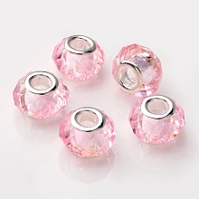 Honeyhandy Rondelle Handmade Crystal European Beads Fit Charm Bracelets, Large Hole Beads, Platinum Color Brass Core, Pink, 14x10mm, Hole: 5mm