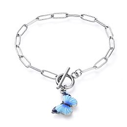 Honeyhandy Charm Bracelets, with Printed Alloy Enamel Pendants, 304 Stainless Steel Paperclip Chains and Toggle Clasps, Butterfly, Stainless Steel Color, 8 inch(20.2cm)