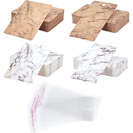 FINGERINSPIRE 200 Pcs Marble Pattern Necklace & Earring Display Cards with 100 Pcs OPP Cellophane Bags, (White & Brown, 2 Mixed Size) Rectangle Pre-Punched Display Holder, Jewelry Display Tag