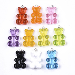 Honeyhandy Transparent Resin Pendants, with Iron Loop, Platinum, Bear, Mixed Color, 31~32x18x8~9mm, Hole: 2mm