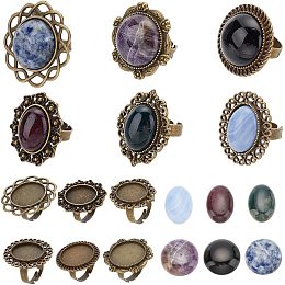 SUNNYCLUE 6Pcs Cabochon Ring Kit Cabochon Setting Ring Oval Stone Cabochons Healing Energy Stones Amethyst White Jade Vintage Style Oval Ring Blank Bezel Finger Ring Blanks for Jewelry Making Kits