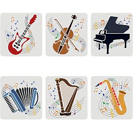 FINGERINSPIRE 6PCS Musical Instrument Stencils 11.8x11.8 inch Guitar Violin Piano Accordion Harp Saxophone Drawing Stencil Large Reusable DIY Craft Painting Stencil for Music Lovers Home Decoration