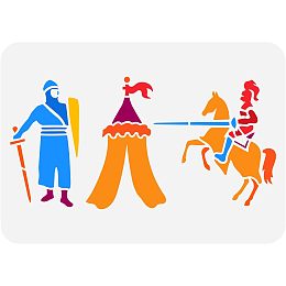 FINGERINSPIRE Jousting Knights Painting Stencil 11.7x8.3 inch Hollow Out Horse Tent Sword Shield Craft Stencil Plastic Standing Knights Riding Knights Drawing Stencils for Wall, Cabinets Decor