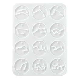 Honeyhandy Twelve Constellations Round Pendants Silicone Molds, Resin Casting Molds, for UV Resin, Epoxy Resin Jewelry Making, White, 135x99x3.5mm, Hole: 2mm, Inner Diameter: 28mm