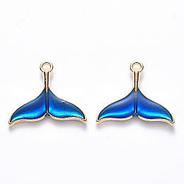 Honeyhandy Alloy Enamel Pendants, Whale Tail Shape, Light Gold, Blue, 17x20x2~3mm, Hole: 1.6mm