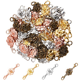 Nbeads 40Pcs 4 Styles Zinc Alloy Double Lobster Claw Clasps Connectors, Flower Connector Charms Extender for Bracelet, Necklace, Mixed Color, 45mm, Clasp: 12x6mm, Flower: 14x19x3.5mm, 10pcs/style