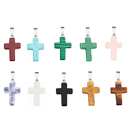 Honeyhandy Natural & Synthetic Mixed Gemstone Pendants, with Stainless Steel Snap On Bails, Cross, Mixed Dyed and Undyed, 29x18x5mm, Hole: 6mm, 10pcs/box