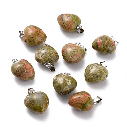 Honeyhandy Natural Unakite Pendants, with Platinum Brass Loops, Heart, 18~19x15~15.5x7.5~10mm, Hole: 6x2.5~3mm