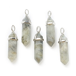 Honeyhandy Natural Labradorite Pendants, with Platinum Tone Brass Findings, Bullet, 39.5x12x11.5mm, Hole: 4.5x2.8mm