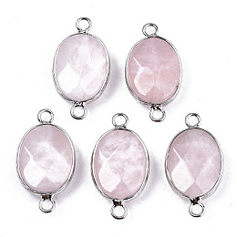 Honeyhandy Natural Rose Quartz Links/Connectors, Platinum Tone Brass Edge, Faceted Oval, 27.5x14~15x6mm, Hole: 2mm