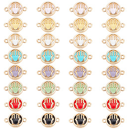 PandaHall Elite 32Pcs 8 Colors Glass Connector Charms, with Light Gold Plated Alloy Findings, Flat Round with Hamsa Hand, Mixed Color, 13.5x19.5x5.5mm, Hole: 1.6mm, 4pcs/color