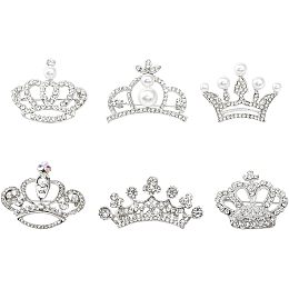 CHGCRAFT 6Pcs 6 Styles Crystal Rhinestone Crown Brooch Alloy Lapel Pins with Plastic Pearl Beaded for Women Party Wdding Accessories, Platinum