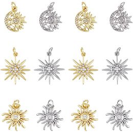 DICOSMETIC 12Pcs 3 Styles 2 Colors Crescent Moon Charms Sun Moon Star Pendants Celestial Theme Charms Brass Micro Pave Pendants Cubic Zirconia Sun Charms for DIY Jewelry Making