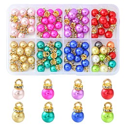 80Pcs 8 Colors ABS Plastic Charms, with Golden Tone Iron Findings and Rhinestone, Dyed, Round, Mixed Color, 13.5x8mm, Hole: 2.5mm, 10pcs/color