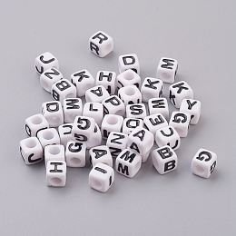 Honeyhandy Acrylic Horizontal Hole Letter Beads, Random Mixed Letters, Cube, White, about 7mm wide, 7mm long, 7mm high, hole: 3.5mm, about 2000pcs/500g