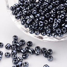 Honeyhandy Glass Seed Beads, Opaque Colors Lustered, Round, Black, 4mm, Hole: 1.5mm, about 4500pcs/pound