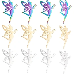 DICOSMETIC 12Pcs 3 Colors Stainless Steel Fairy Pendants Golden Colorful Fairy Angel Charms Pendant with 1.8mm Hole for Earrings Bracelets Necklace DIY Craft Jewelry Making