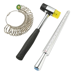 Honeyhandy Jewelry Measuring Tool, with Aluminium Ring Size Sticks Ring Mandrel & Alloy American Calibration Ring Sizers Professional Model, Platinum, Stick: 250x25mm, Ring: 11~22mm, Hammer: 240x77x29.5mm