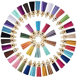 PandaHall Elite 120 Pcs 38mm Faux Suede Leather Tassel Pendants with Golden End Caps for Key Chain Cellphone Straps DIY Accessories 30 Colors