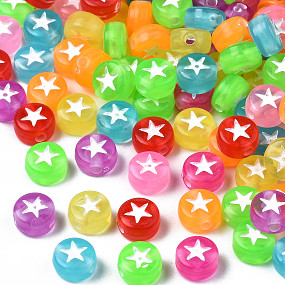 Transparent Acrylic Beads, Flat Round and Star, Mixed Color, 6.5x4mm, Hole: 1.6mm, about 415pcs/50g