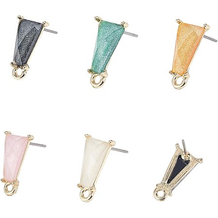 ARRICRAFT Alloy Stud Earring Findings, with Loop, Resin and Steel Pins, Trapezoid, Light Gold, Mixed Color, 16x9mm, Hole: 1.6mm; Pin: 0.7mm; 5 colors, 6pcs/color, 30pcs/box