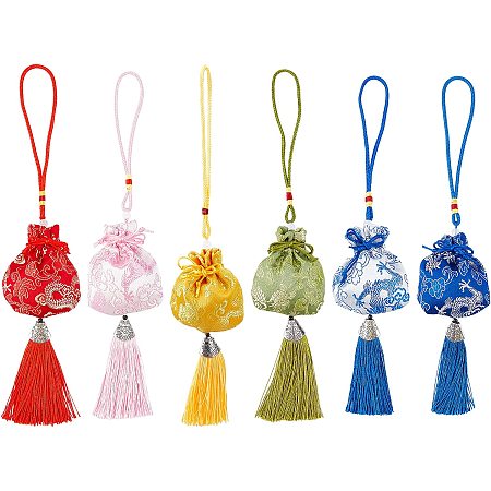 NBEADS 6 Pcs 6 Colors Silk Brocade Drawstrings Jewelry Pouches with Tassel, 3.5×2.8