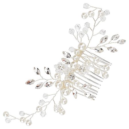GORGECRAFT Bridal Wedding Hair Comb Silver Flower Rhinestone Pearl Headpiece Crystal Pins Side Comb for Bride Bridesmaid Wedding Dinner Party Dress Hair Coiffure Jewelry Accessories
