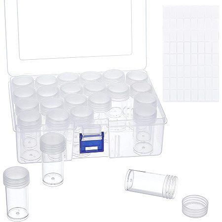 Pandahall Elite Diamond Pianting Box Plastic Storage Box with 24pcs Individual Bottles Plastic Jewery Organizer with 64pcs Stickers for Seed Beads Nail Art Sequins Embroidery Storage, 4.7x3.1x2.2 Inch