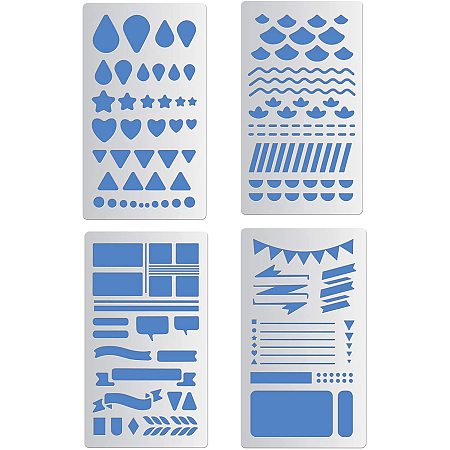 BENECREAT 4 Pack Metal Stencils Geometric Pattern Stainless Steel Stencil Templates(17.5x10cm) for Bullet Scrapbook Painting, Furniture, Embroidery, Murals and DIY Craft