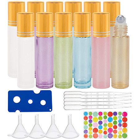 BENECREAT 12 Pack 10ml 6 Colors Essential Oil Roller Bottle Mini Glass Roll on Bottles with Opener, Dropper, Funnel and Stickers for Essential Oils Perfumes Aromatherapy
