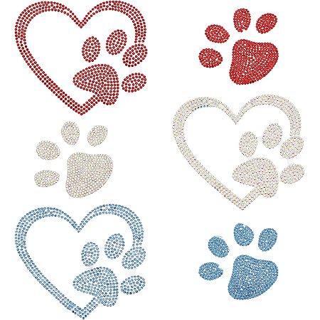 FINGERINSPIRE 6 Pcs Rhinestone Heart Paw Print 2 Style Self-Adhesive Stickers Bling Car Crystal Sticker with Plastic Box for Decorating Cars Bumper Window Laptops Luggage (Blue, Red, Off-White)