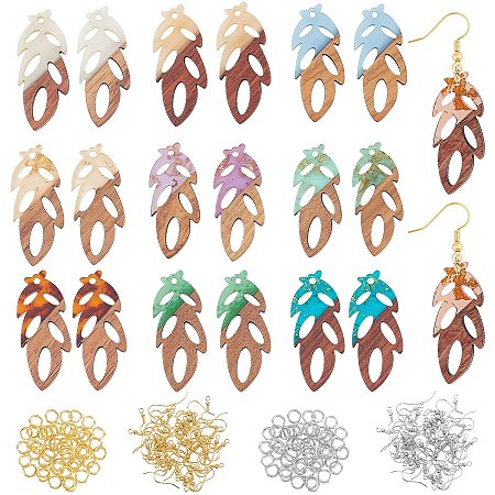 OLYCRAFT 100pcs Resin Wooden Earring Pendants 20pcs Leaf Shape Wood Statement Jewelry Findings Wood Earring Accessories with Earring Hooks Jump Rings for Necklace Jewelry Making - 10 Colors