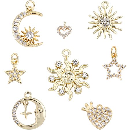PandaHall Elite 8pcs Golden Rhinstone Charms 8 Styles Moon Star Heart Shiny Dainty Charms Cubic Zirconia Charms for Choker Earring Necklace Christmas DIY Valentine's Day Gift, 8.5~24.5mm/0.3~0.9