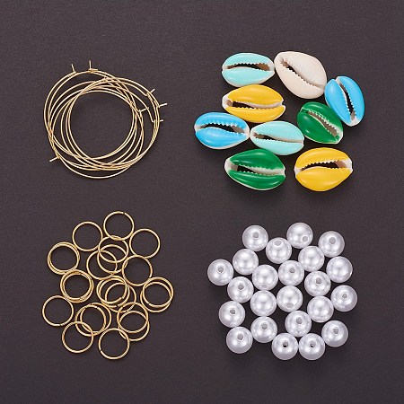 DIY Earring Making, 304 Stainless Steel Hoop Earrings, 304 Stainless Steel Jump Rings, Close but Unsoldered Jump Rings, Imitation Pearl Acrylic Beads and Enamel Cowrie Shell Beads, Mixed Color, 10mm