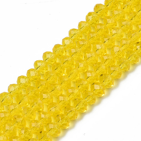 Honeyhandy Glass Beads Strands, Faceted, Rondelle, Yellow, 3.5x3mm, Hole: 0.4mm, about 123~127pcs/strand, 13.78 inch~14.17 inch(35~36cm)