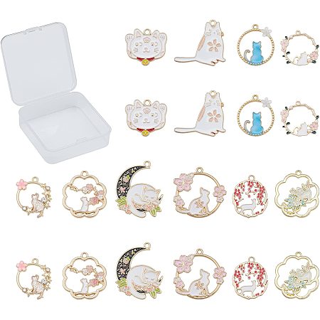 SUNNYCLUE 1 Box 20Pcs 10 Styles Cat Charms Bulk Colorful Enamel Sakura Flower Floral Hollow Round Moon Pendants Gold Plated for Jewelry Making Charms DIY Bracelets Earrings Findings