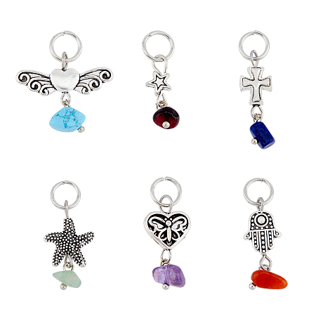 SUPERFINDINGS 42Pcs 6 Styles Mixed Stone Chips Alloy Pendants Heart,Star and Starfish Stone Key Chain Dangle Pendents Mix Natural Gemstone Charm Pendants for Jewelry Making