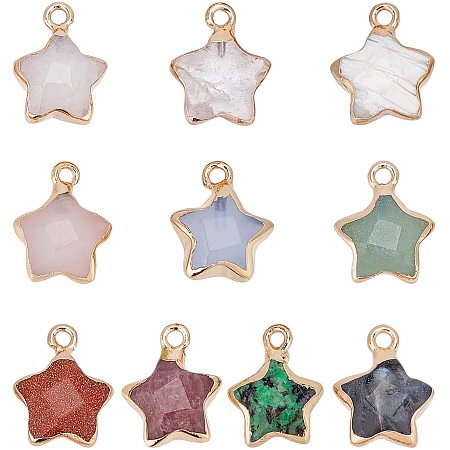 SUPERFINDINGS 10Pcs Star Electroplate Gemstone Pendants 10 Colors Five-Pointed Star Crystal Stone Charms Natural Synthetic Healing Chakra Stone with Golden Brass Findings for Jewelry Craft Making