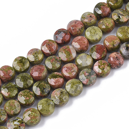 Arricraft Natural Unakite Beads Strands, Faceted, Flat Round, 6x3.5~4mm, Hole: 0.9mm, about 72pcs/strand, 15.55 inch(39.5cm)