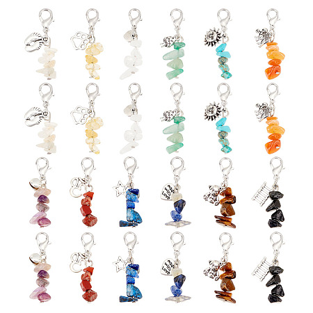 CHGCRAFT 48Pcs 12 Colors Quartz Gemstone Chakra Stone Pendants Natural Stone Charm Pendant Dangle Charms with Lobster Clasps and Alloy Pendant for Keychain Necklace Making, 42mm Length