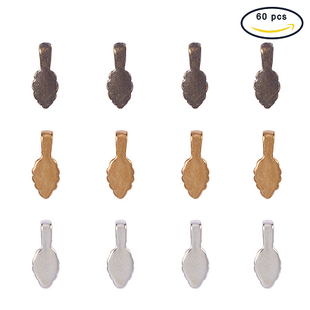 PandaHall Elite 60 Pcs Brass Glue-on Flat Pad Bails Leaf Shape Pendants Charms Connector 17x7x1mm 3 Colors for Jewelry Making