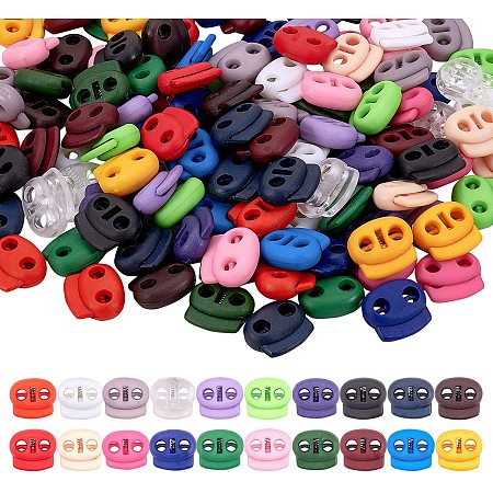 PandaHall Elite 120 pcs 20 Colors Plastic Toggle Stoppers, Double Hole Spring Loaded Round Ball Shaped Stop Sliding Cord Fastener Locks Buttons for Backpacks Shoelace Replacement
