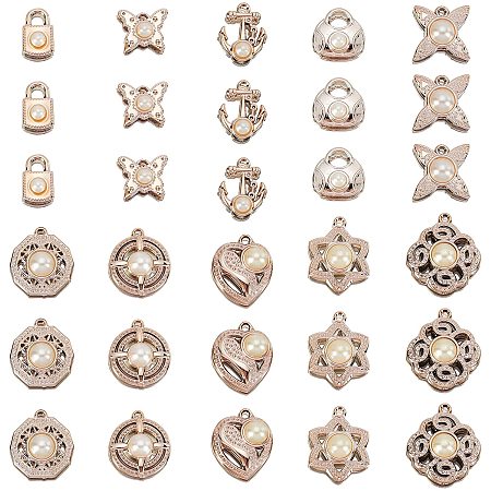 NBEADS 80 Pcs 10 Styles Acrylic Pearl Pendants, Acrylic Pearl Rhinestone Charms, Faux Pearl Beads Charms with Rhinestone for Dangle Earrings Necklace Jewelry Making