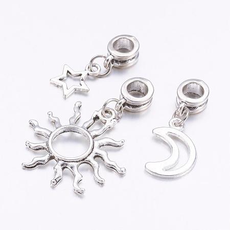 Honeyhandy Tibetan Style Alloy European Dangle Charms, Star, Sun & Moon, Antique Silver, 25~38mm, Hole: 4.5mm