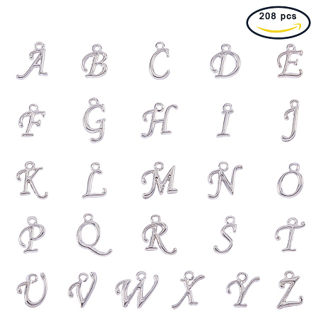 PandaHall Elite 208pcs Assorted Alloy Alphabet Charm Pendant Loose Beads Silver Plated A-Z Letter Pendant for Jewelry Making(8 pcs for each letter)